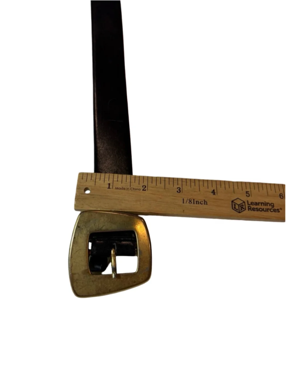 Vintage Express Black Leather Belt Medium Oversized Brass Geometric Buckle